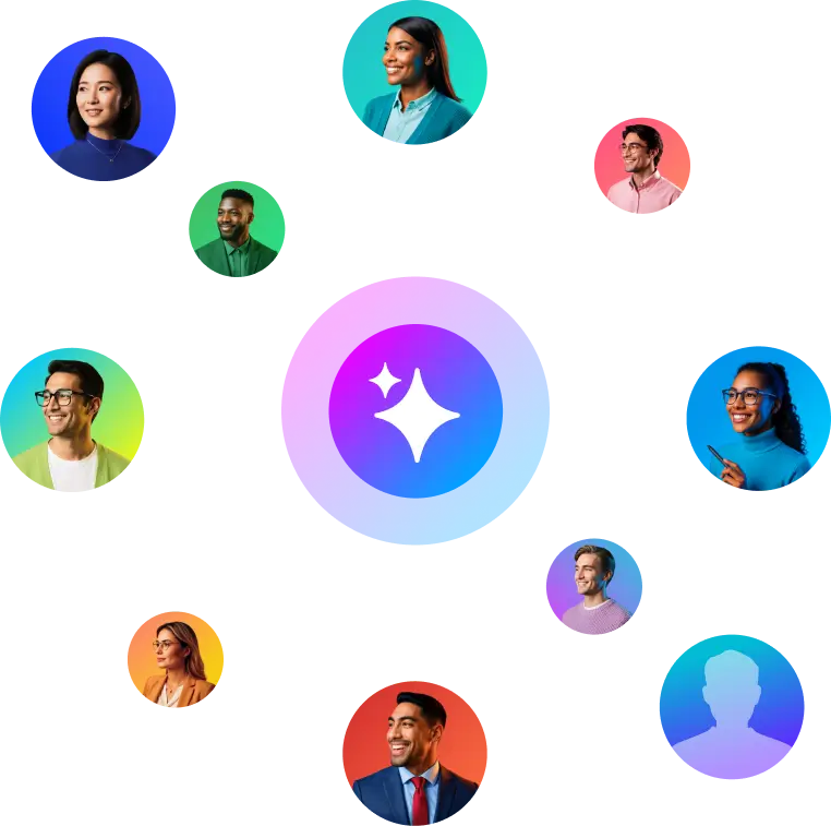 Circle of AI Employee profile icons surrounding a Vendasta AI sparkle icon