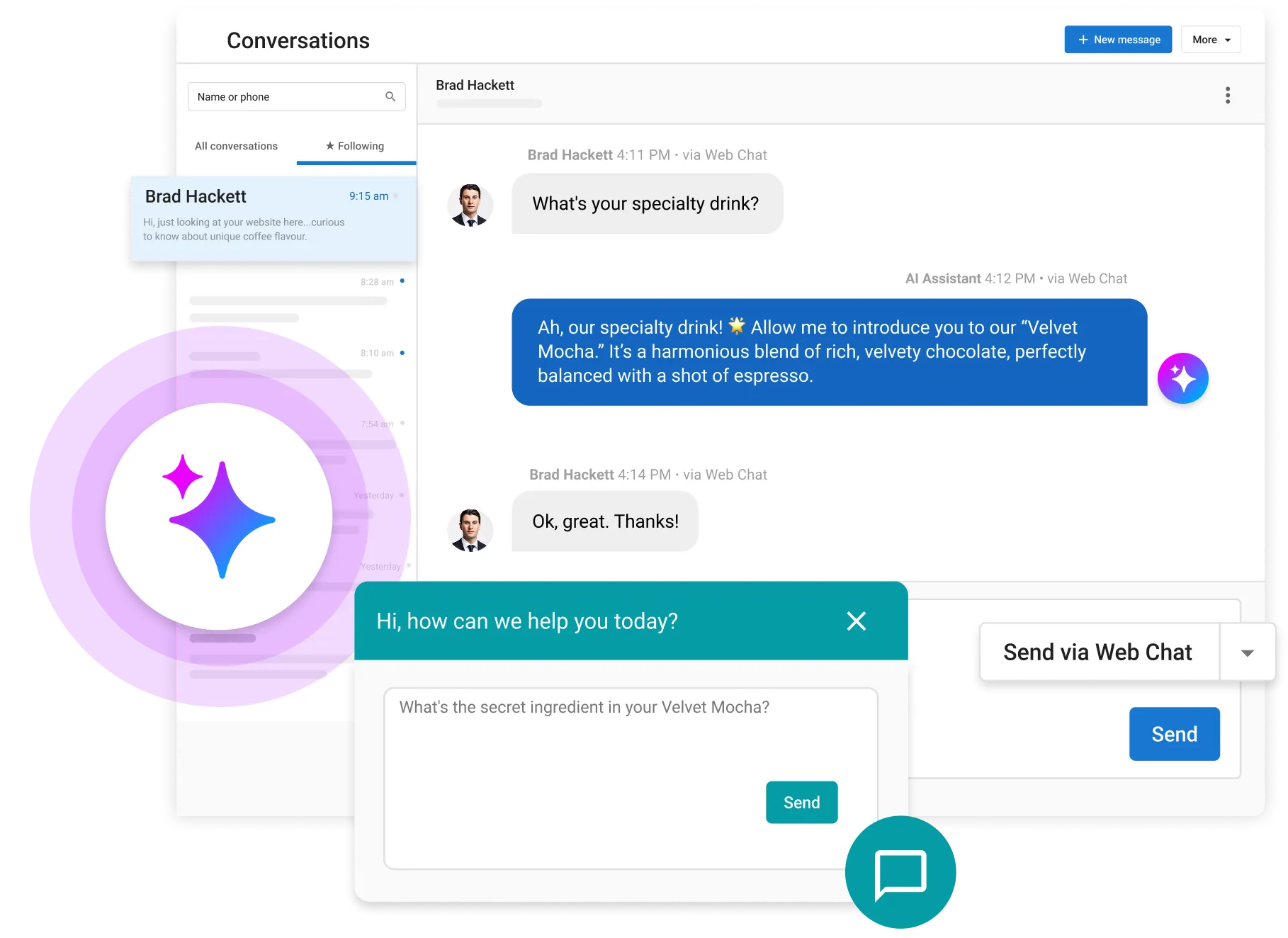 Vendasta Conversations AI web chat answering a coffee shop customer's question about a specialty drink