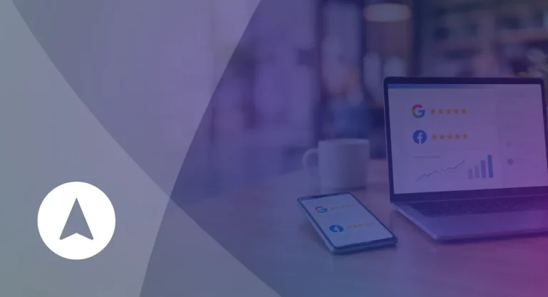 Get More Google Reviews and Facebook Reviews for Clients Laptop and phone showing five-star Google and Facebook ratings with a review growth chart for company online reputation management