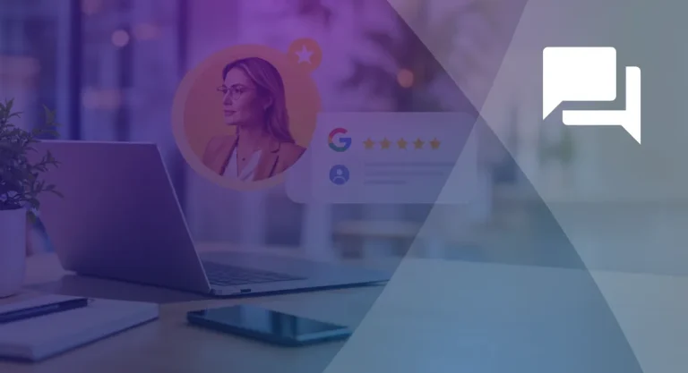 The Top Reputation Monitoring Software for Agencies AI Reputation Specialist avatar beside a five-star Google review card over a laptop, illustrating reputation monitoring software