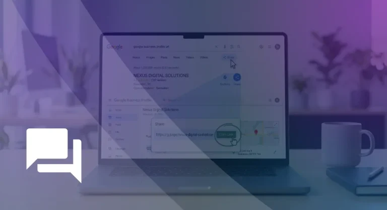 How to Find Your Google Business Profile URL and Why It Matters Laptop screen displaying how to copy a Google Business Profile URL from a share pop-up box.