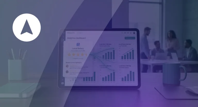 How Google Reviews Impact Search Rankings in 2025 Tablet showing a Vendasta analytics dashboard where a local bakery's five-star Google reviews connect to rising local search ranking charts