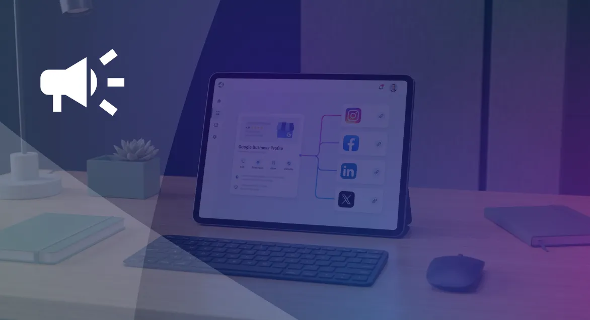 How to add your social media profiles to Google Business Profile Tablet showing how to add social media to Google My Business, with Instagram, Facebook, LinkedIn, and X icons linked to a profile