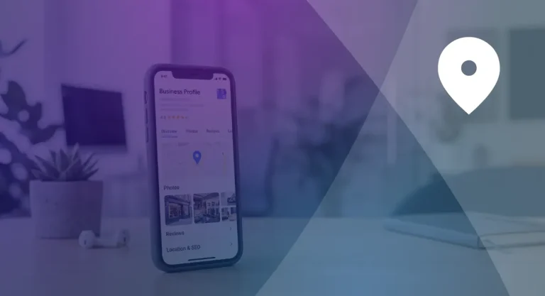 Your Complete Guide to Managing Google Business Profile Photos A phone displaying a Google Business Profile app screen with photos, reviews, and location details, set against a purple-to-blue gradient background with a location pin icon.