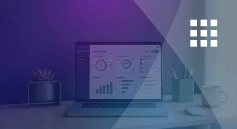 10 Effective Client Retention Strategies for Agencies Laptop showing a Vendasta client retention dashboard with a customer health score, churn reduction stats, and growth metrics