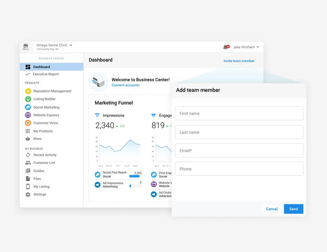 client-engagement-business-app-1-vendasta Client engagement business dashboard displaying marketing performance, team management, and customer activity
