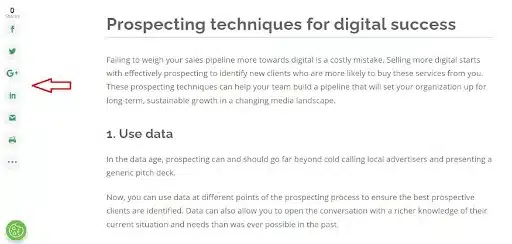 Website design tips: Include social share and follow buttons in a sticky nav like the Vendasta website