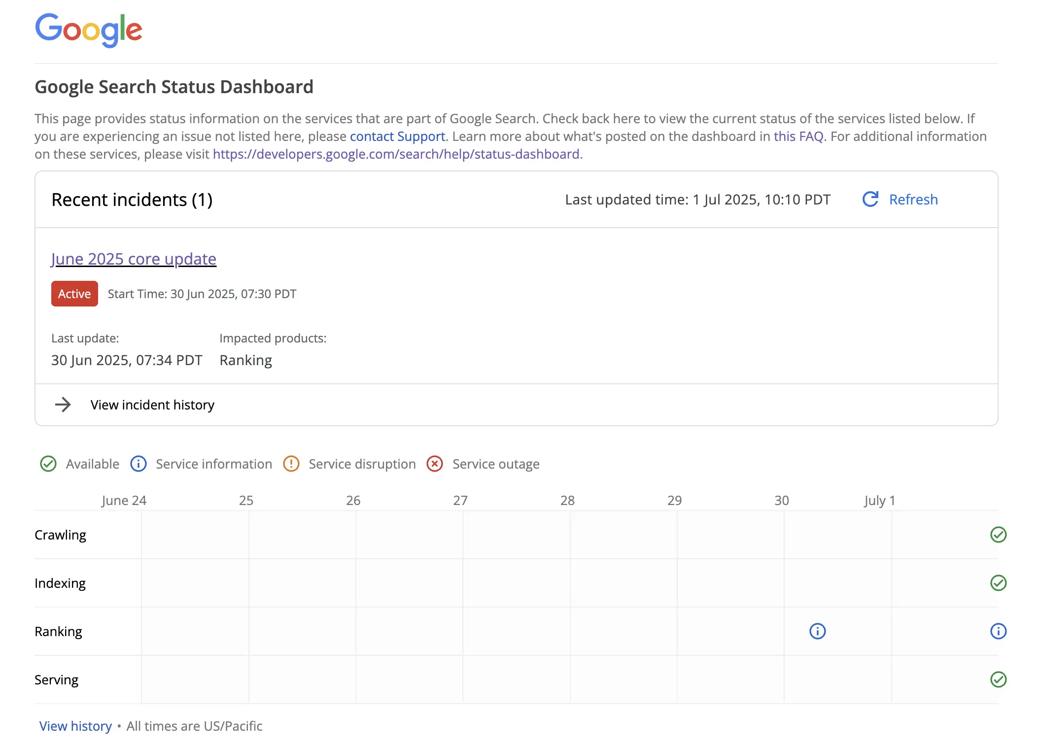 Google’s June 2025 Core Update: Google’s Search Status Dashboard