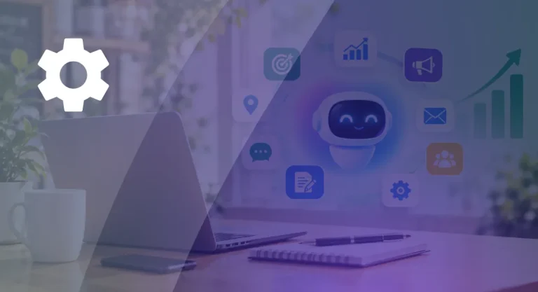 10 Smart Ways to Use AI for Small Business Growth AI-powered small business workspace with a laptop, robot assistant, and floating icons representing automation, analytics, marketing, communication, and business growth.