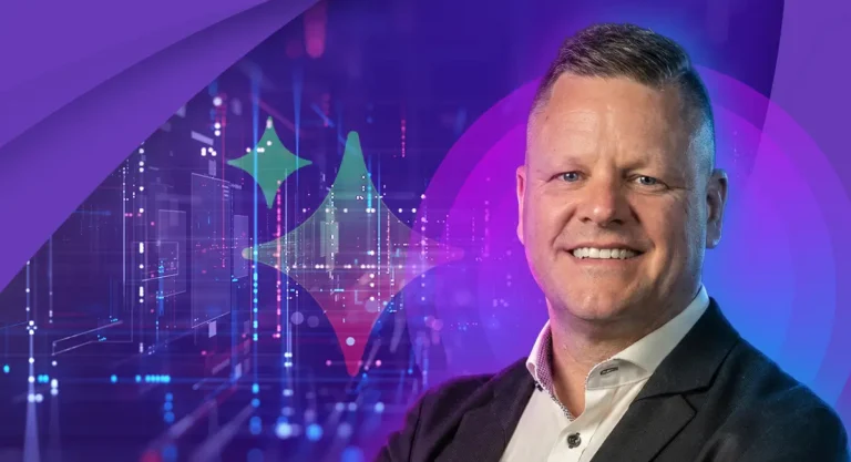 Portrait of Vendasta CEO Brendan King with an abstract AI and data visualization background representing AI leadership in action.