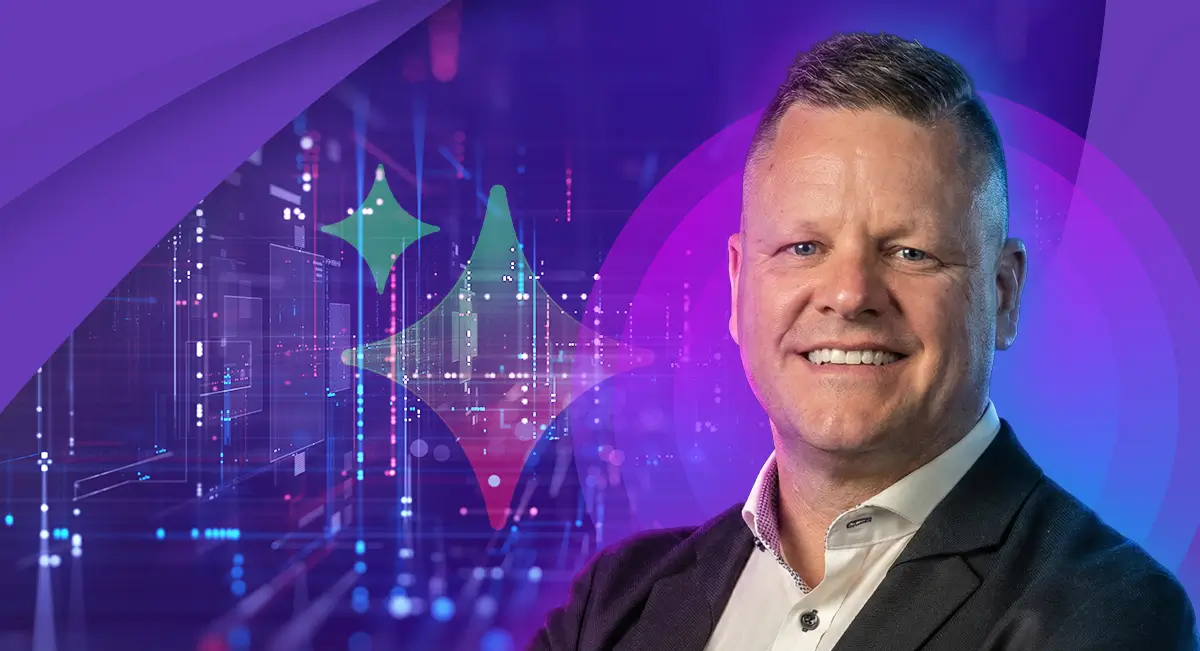 Portrait of Vendasta CEO Brendan King with an abstract AI and data visualization background representing AI leadership in action.