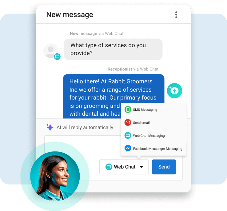 AI receptionist interface responding to a customer inquiry through web chat with automated messaging options.