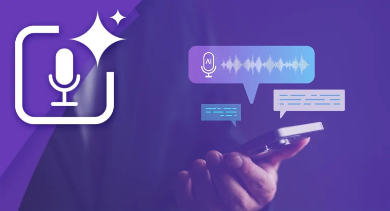 Hand holding smartphone with AI voice interface graphics.