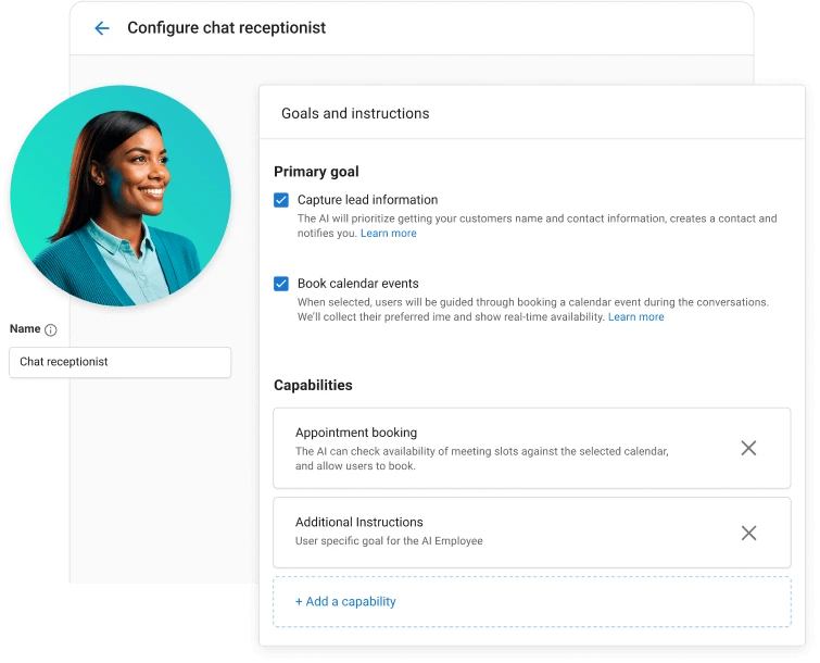 Configuration screen showing custom routing and booking rules for AI voice agents.