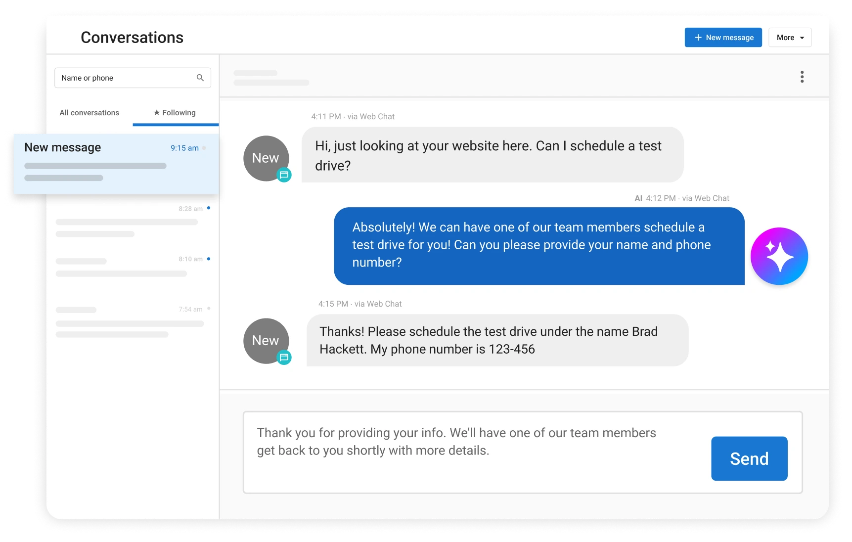 AI chat handling scheduling questions to support customers instantly through AI in customer communications