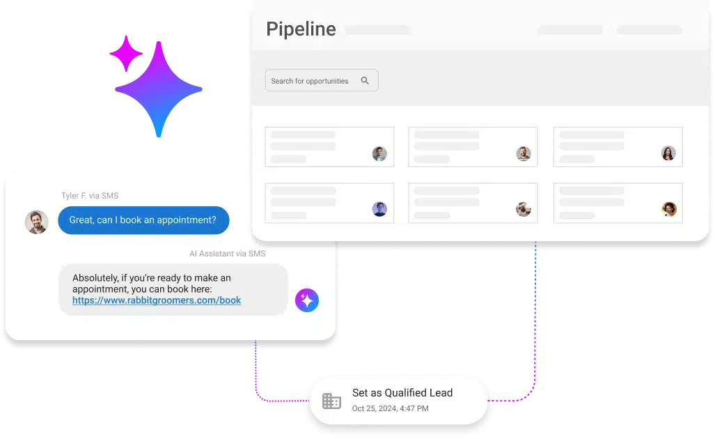 custom-ai-assistants-lead-ai-crm-vendasta SMS conversation about booking an appointment with AI.