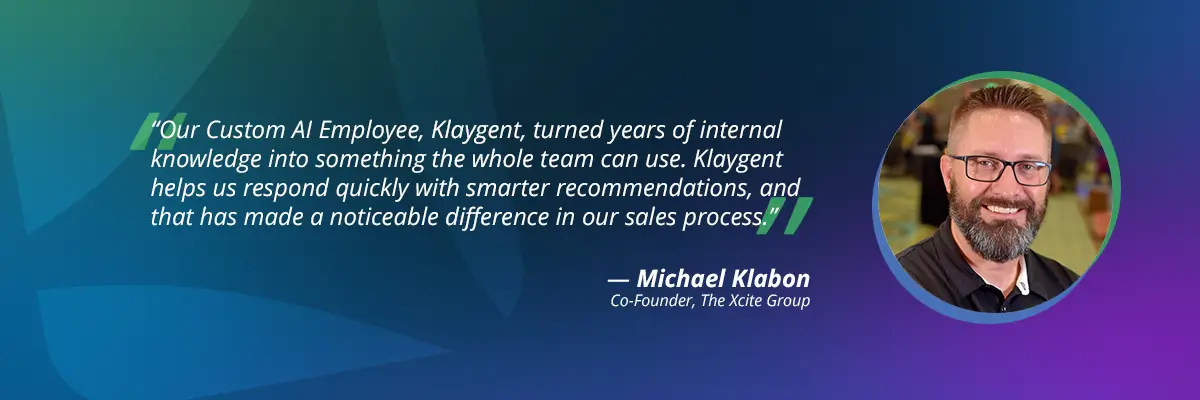 custom-ai-assistants-michael-quote-vendasta Quote about AI from Michael Klabon, co-founder of The Xcite Group.