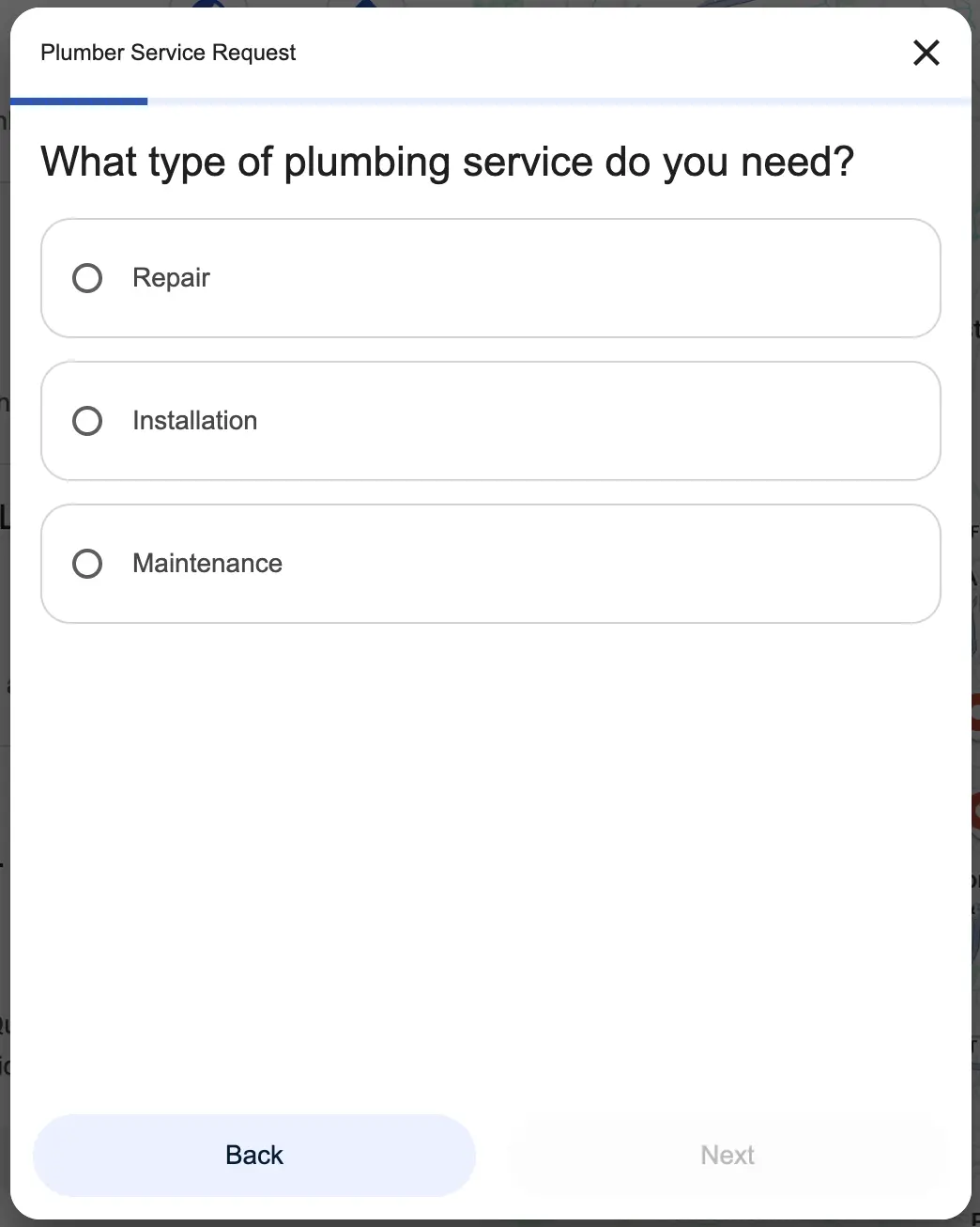 Google AI service request form asking what type of plumbing service is needed.