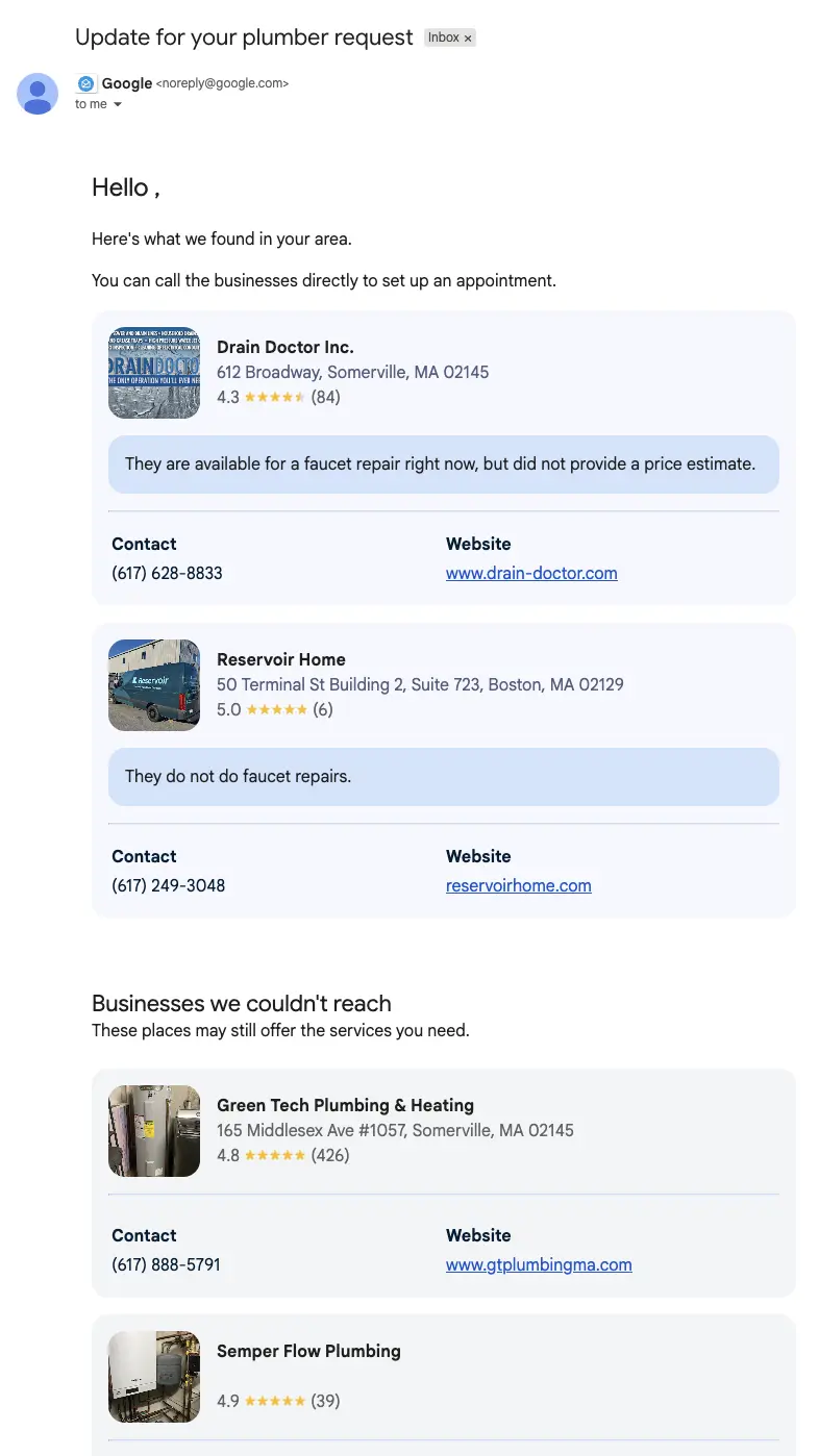 Google email results displaying AI-generated plumber availability and pricing responses.