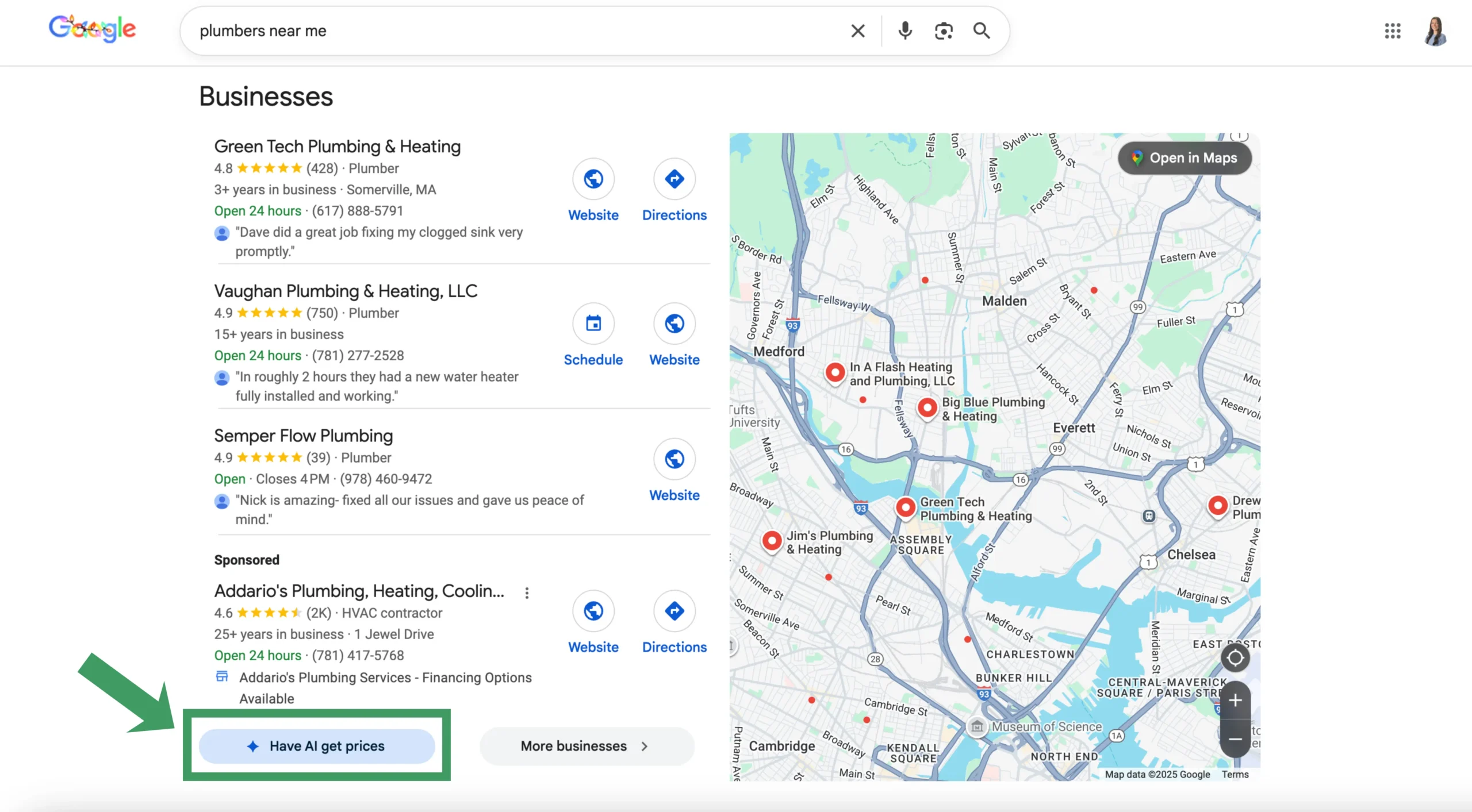 Google local search results showing plumbers near me with Have AI get prices option.