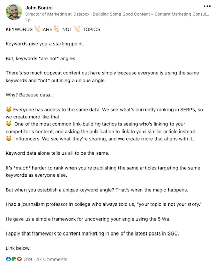 A post from the director of marketing a Databox illustrating how to format and style LinkedIn posts for maximum engagement.