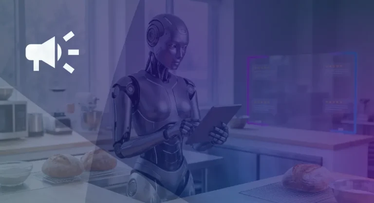 AI Review Responses vs. Manual High-Converting Examples for 2026 Humanoid robot using a tablet near a digital display of customer review ratings in a bakery kitchen.