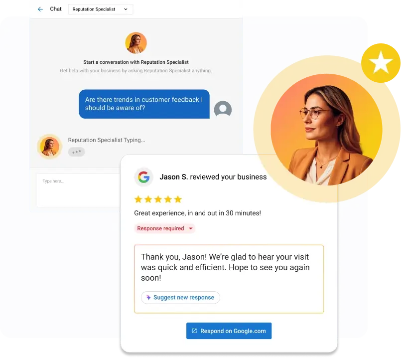 ai-virtual-assistant-for-small-business-reputation-management-specialist-vendasta AI reputation specialist responding to customer reviews using an AI virtual assistant for small business