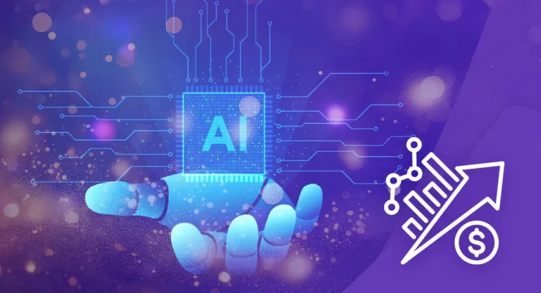 Glowing AI processor held by a robotic hand symbolizing embedded AI driving business revenue.