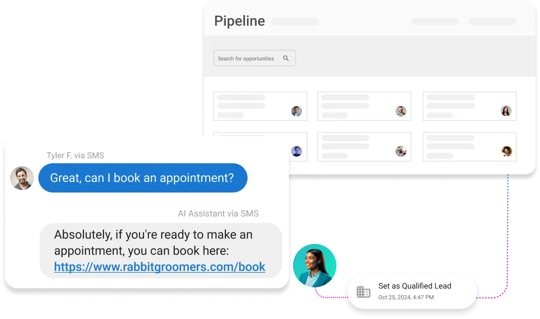 AI receptionist booking appointment and qualifying lead in CRM pipeline, demonstrating strong AI customer engagement.