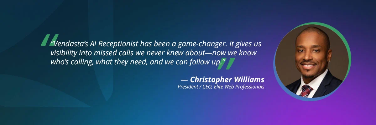 Christopher Williams of Elite Web Professionals reviews how the AI receptionist provides visibility into missed calls and lead follow-up.