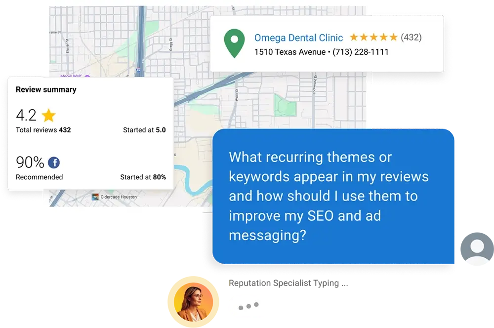 Local business review summary and AI chat interface analyzing customer themes for SEO insights.