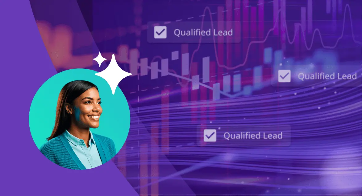 Professional smiling receptionist representing an AI virtual receptionist identifying qualified leads on a digital dashboard.