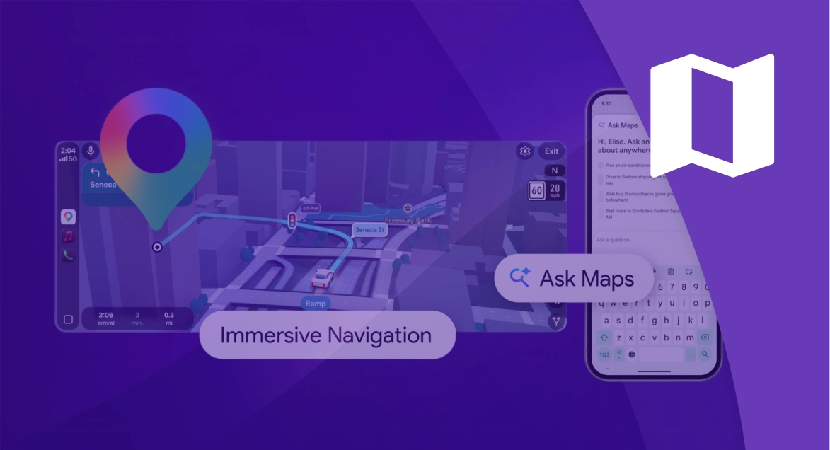 Interface of Google Ask Maps showing immersive navigation and conversational AI search for local directions.