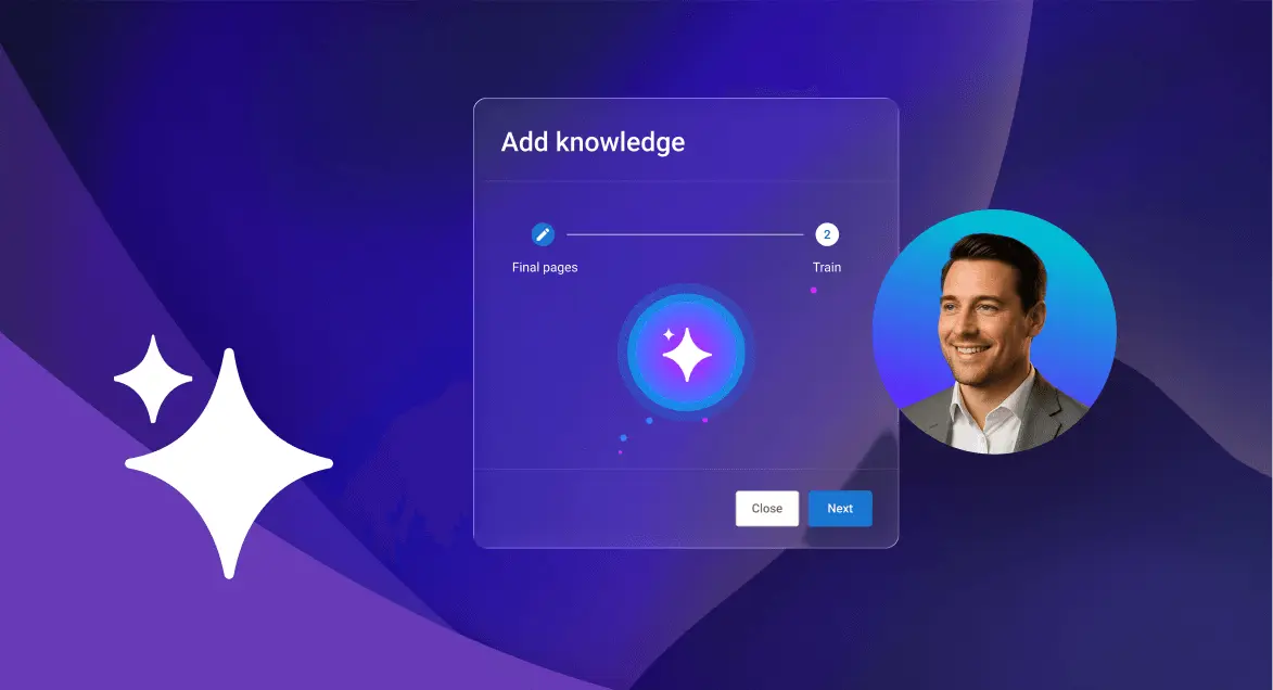 A "Add Knowledge" setup screen with a professional avatar, highlighting the simple steps to deploy a specialized AI sales enablement assistant for a sales team.