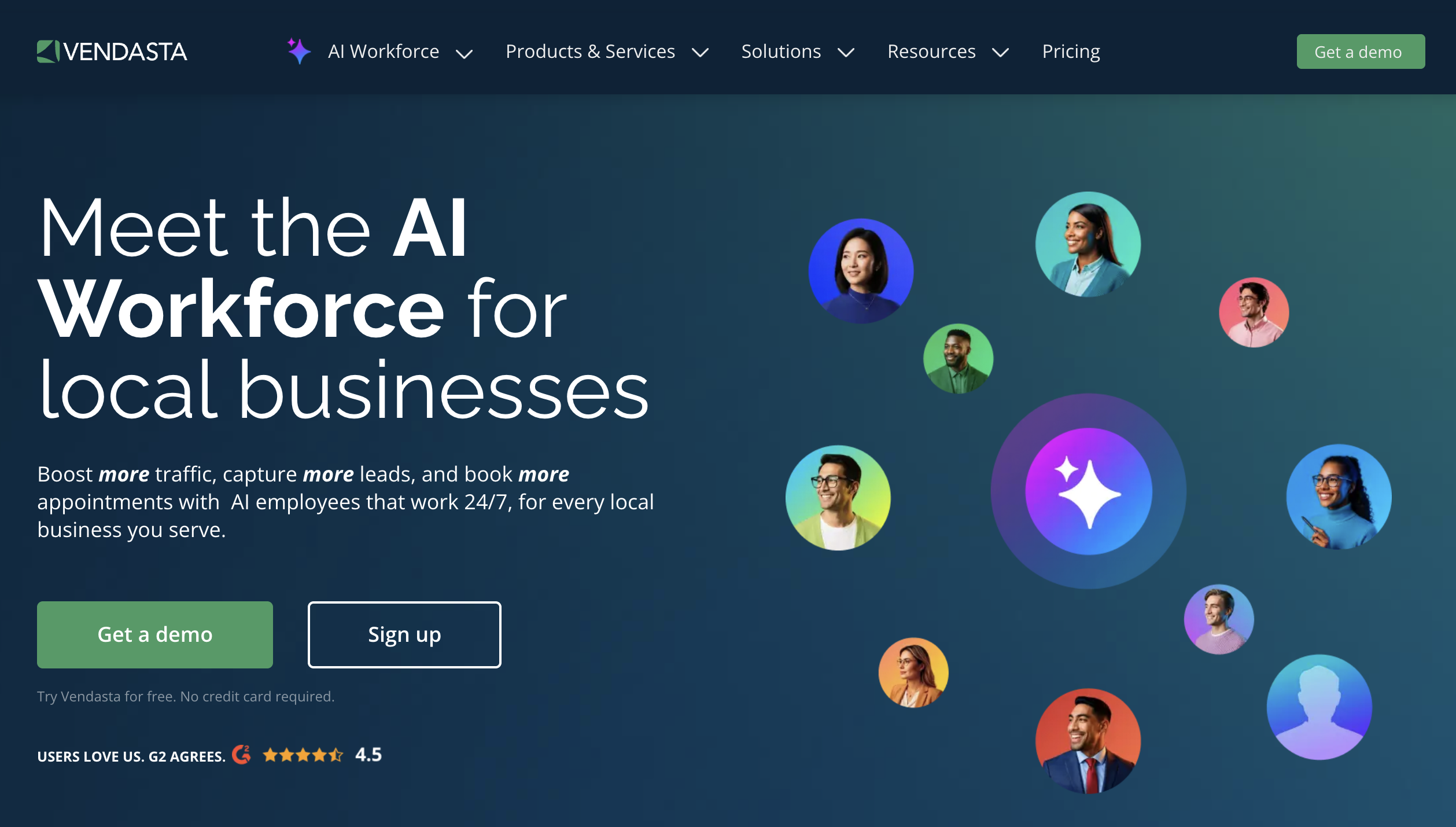 Vendasta homepage featuring AI Workforce solutions to automate lead capture for local businesses.