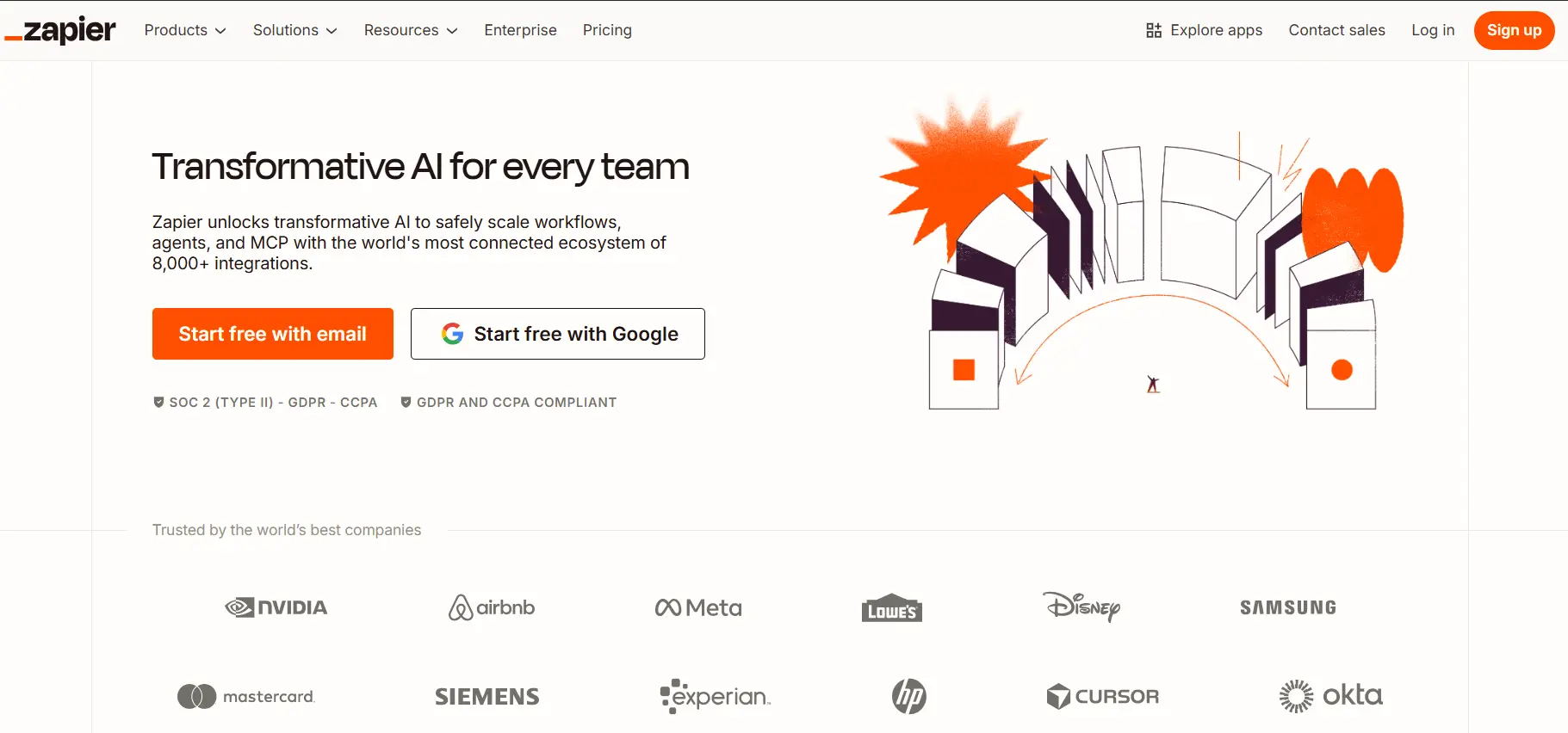 Zapier landing page highlighting transformative AI agents integrated with thousands of small business apps.