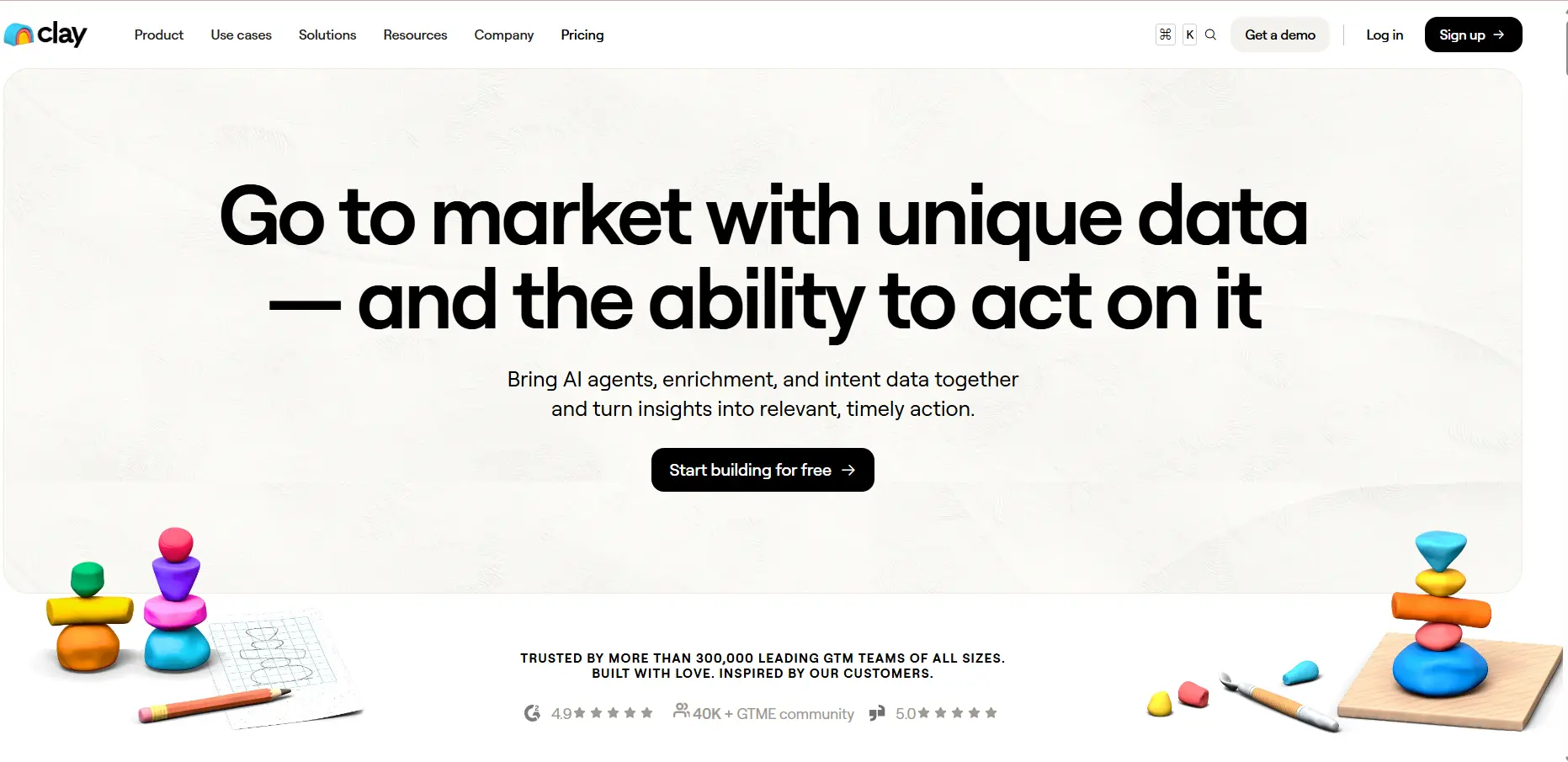 Clay platform dashboard demonstrating how AI agents use unique data to automate go-to-market actions.