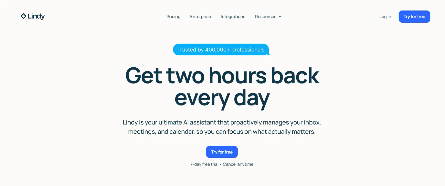 Lindy AI assistant interface designed to automate calendar management and inbox triage for professionals.