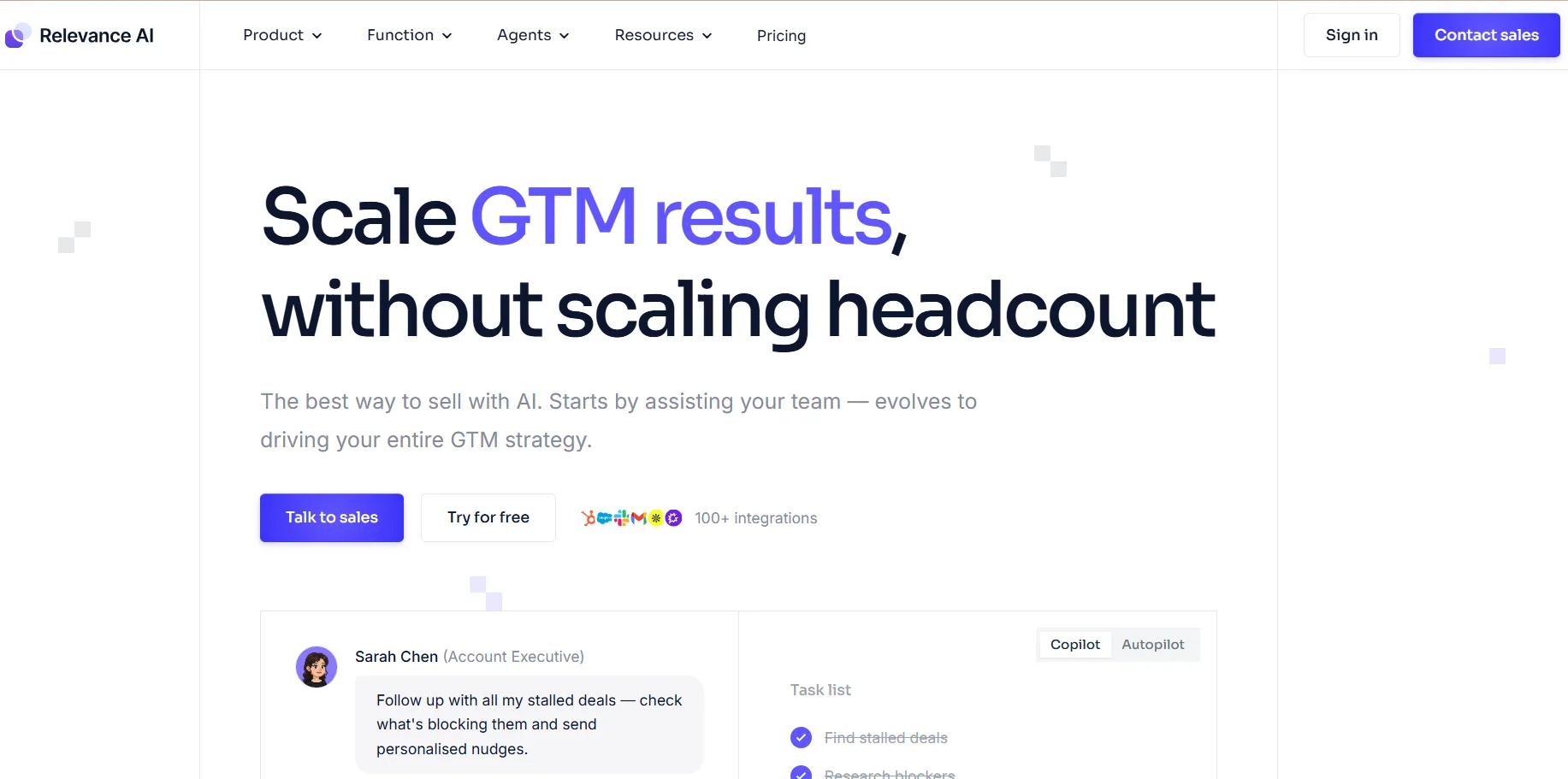 Relevance AI platform interface showing how to scale GTM results using autonomous sales agents.