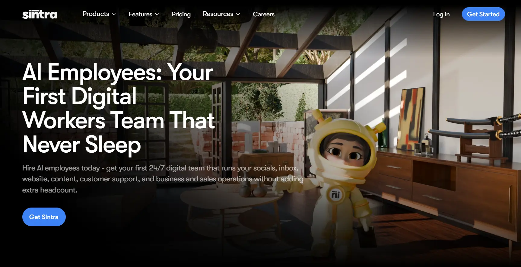 Sintra homepage featuring a digital worker team designed to manage business operations and socials 24/7.