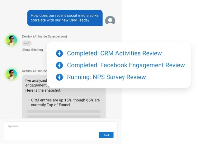 Data analyst agent querying CRM and Facebook engagement to correlate social media spikes with leads.