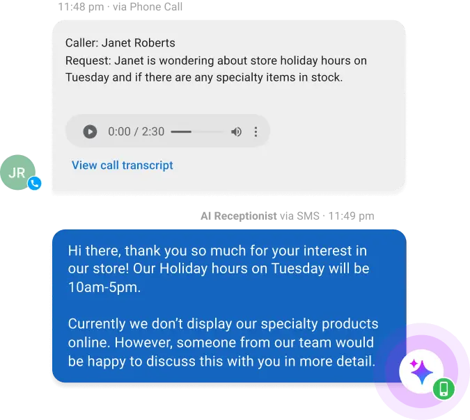 ai-employees-conversations-ai-vendasta AI Receptionist call summary for an after-hours caller asking about holiday hours, followed by the AI's text reply answering the question and offering a follow-up