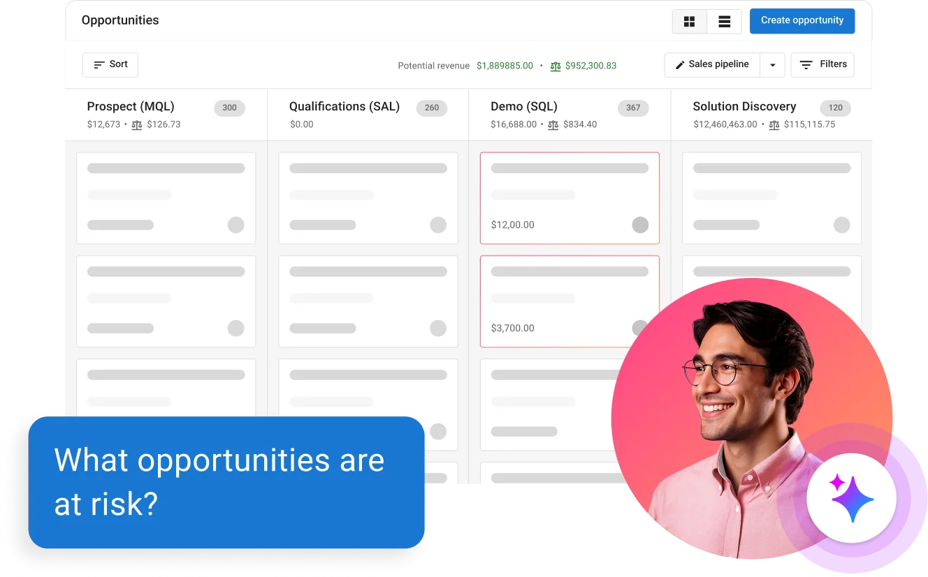 AI assistant identifying at-risk pipeline opportunities to improve sales velocity in an AI-native CRM.