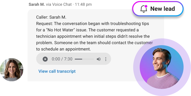 AI-generated call transcript and lead capture summary for a customer support agent handling troubleshooting.