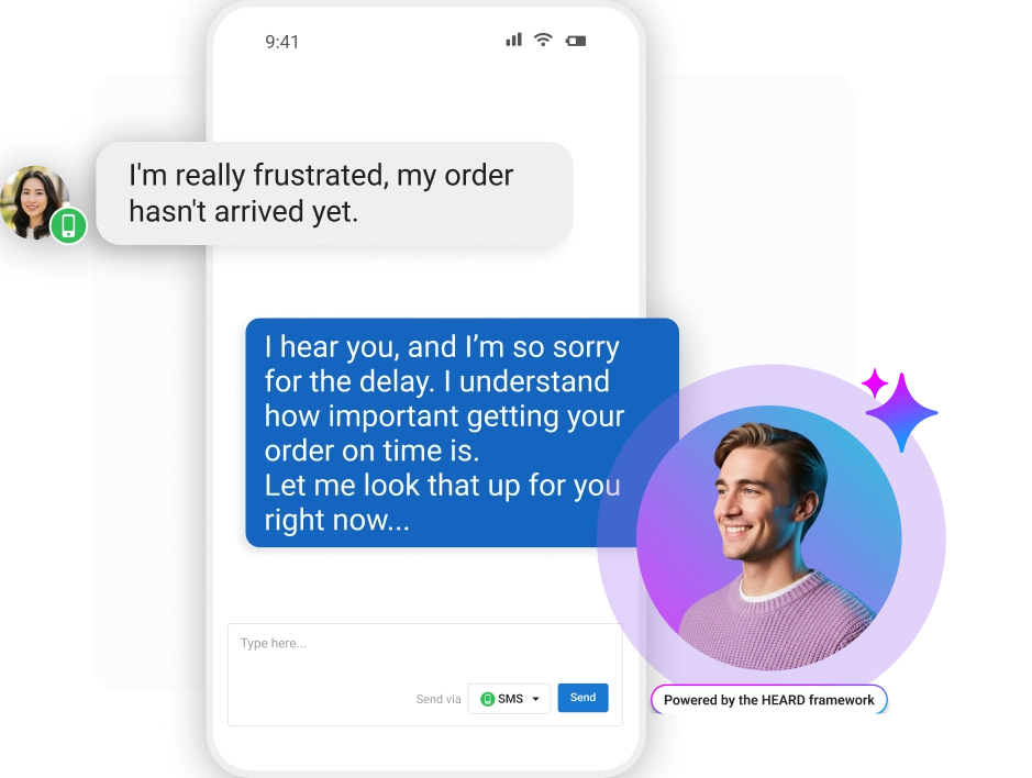 Empathetic SMS chat response from a customer support agent utilizing the HEARD framework for resolution.