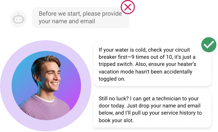 Comparison of resolution-first AI assistance versus traditional lead capture for a customer support agent.