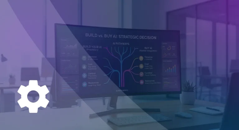 A split-screen graphic titled "BUILD vs. BUY AI: STRATEGIC DECISION" comparing proprietary AI development (12-18 month timeline, high investment) against partner integration (1-3 month timeline, lower OpEx) on a computer monitor in a modern office setting.