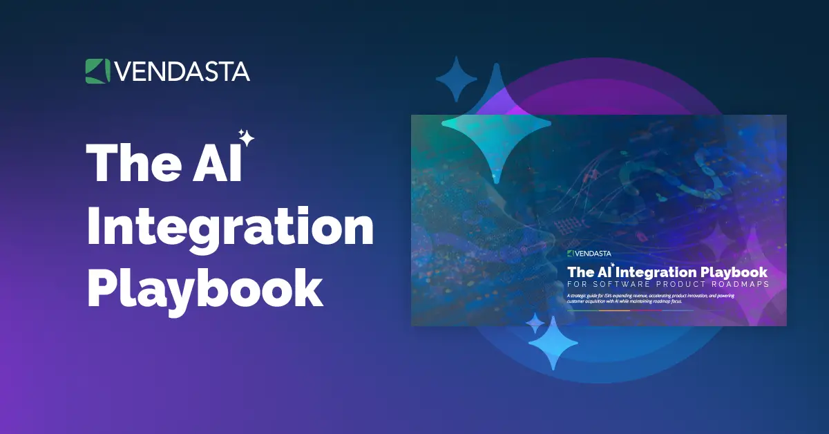 Marketing cover for "The AI Integration Playbook for Software Product Roadmaps" by Vendasta, featuring a dark blue and purple gradient background with stylized sparkles.