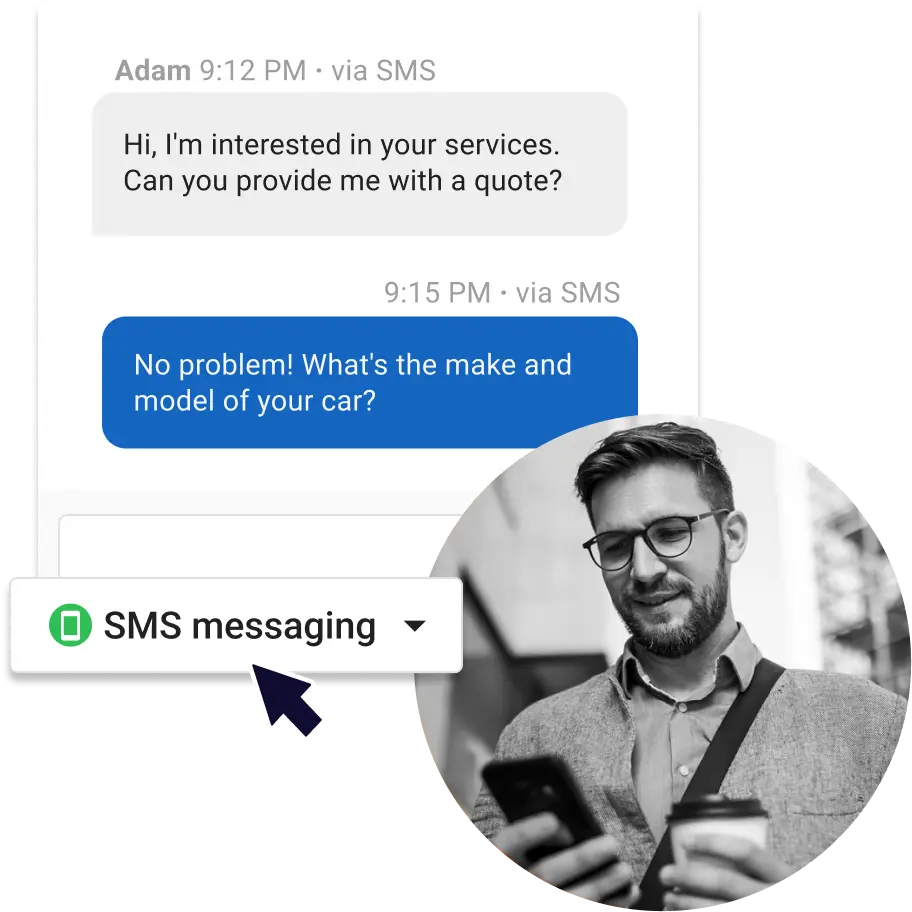Vendasta Conversations AI SMS messaging interface showing an automated two-way text conversation where a lead requests a quote at 9:12 PM and receives an instant AI-powered response three minutes later.
