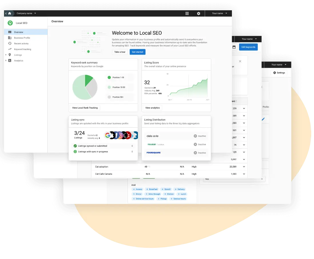 Local SEO for home service franchises overview with keyword rankings, listing score, and performance analytics.